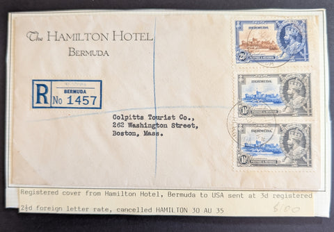 Bermuda 1935 Silver Jubilee stamps on The Hamilton Hotel Registered Commercial Cover to USA
