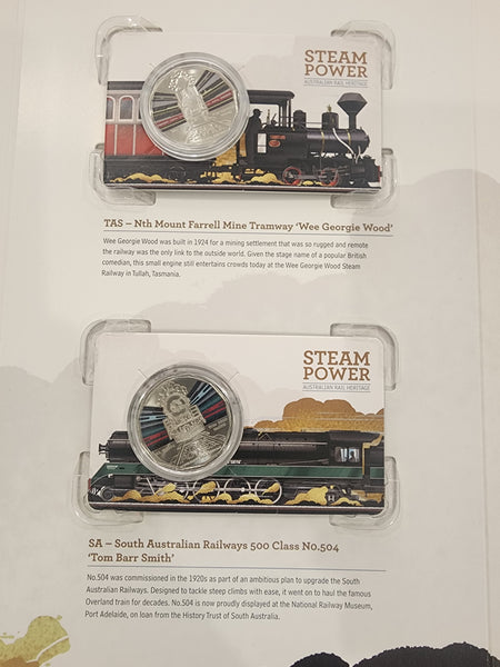 Australia 2022 Coloured 50c Fifty Cents Steam Power Set of 7 coins in Folder