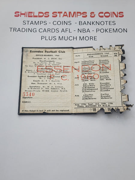 VFL 1960 Essendon Football Club Membership Season Ticket No. 5340