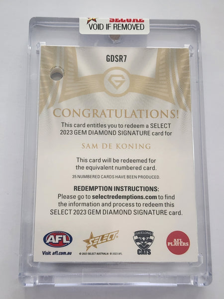 2023 AFL Select GEM Sam De Koning Diamond Signature Redemption cards 24/35 Geelong Cats