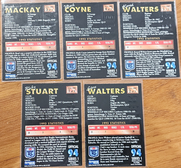 1994 Series 1 Complete Set of 5 NSWRL Embossed Gold Cards