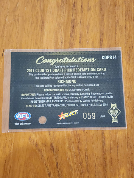2017 AFL Select Future Force 1st Club Draft Pick and Redemption cars Jack Higgins Richmond 59/80
