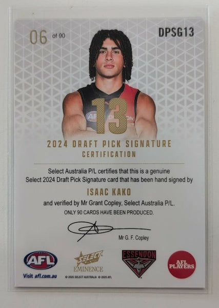 2025 AFL Select Eminence Draft Pick Signature Gold Issac Kako Essendon 6/90