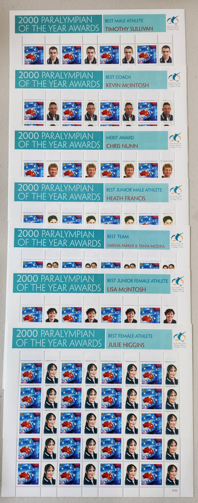 Australia 2000 45c Paralympian of The Year Awards Set 7 SES Stamp Sheets. Limited Edition