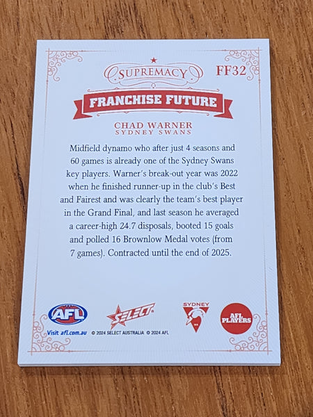 2024 AFL Select Supremacy Franchise Future Chad Warner Sydney 26/70 FF32