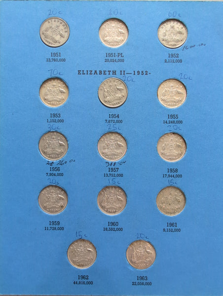 Australia 1910-63 Complete Set 6d Sixpence Silver Coins Very Good to about Uncirculated Condition