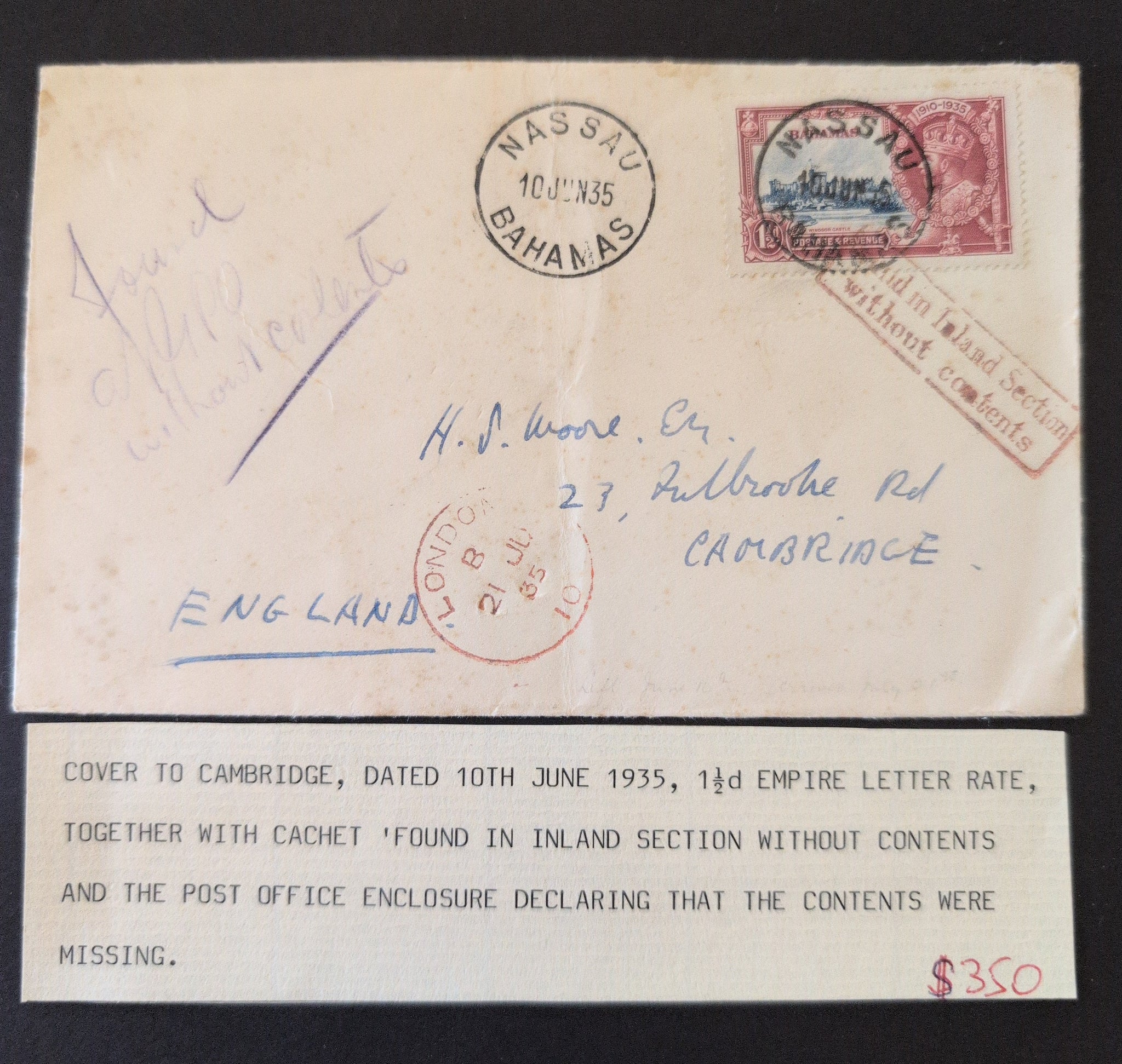 Bahamas Cover to Cambridge England Contents Missing