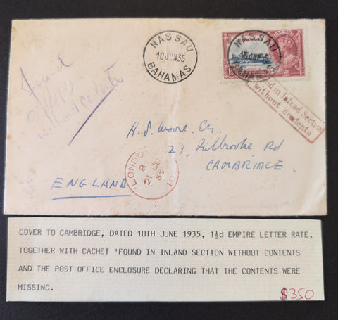 Bahamas Cover to Cambridge England Contents Missing