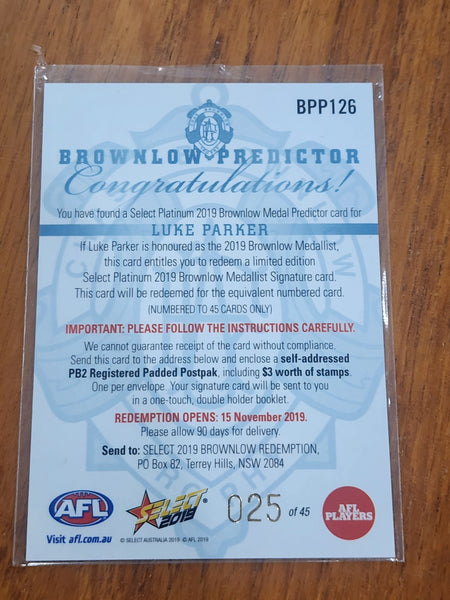 2019 AFL Select Platinum Brownlow Medal Predictor Luke Parker Sydney BPP126 025/45