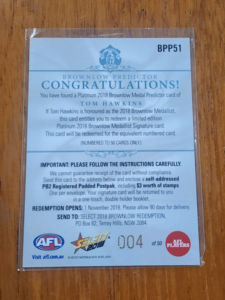 2018 AFL Select Platinum Brownlow Predictor Tom Hawkins Geelong LOW 004/50 BPP51