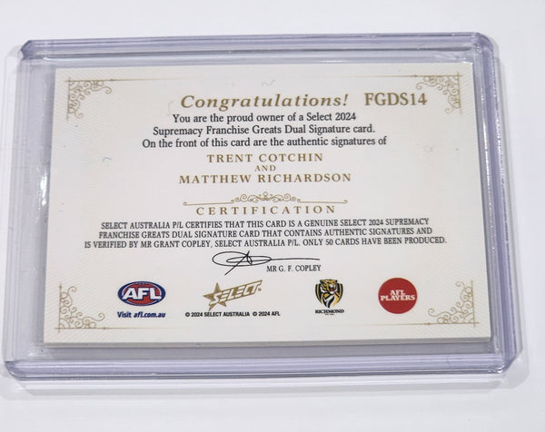 2024 AFL Select Supremacy Signatures Trent Cochin Matthew Richardson Richmond Franchise Greats 15/50 FGDS14