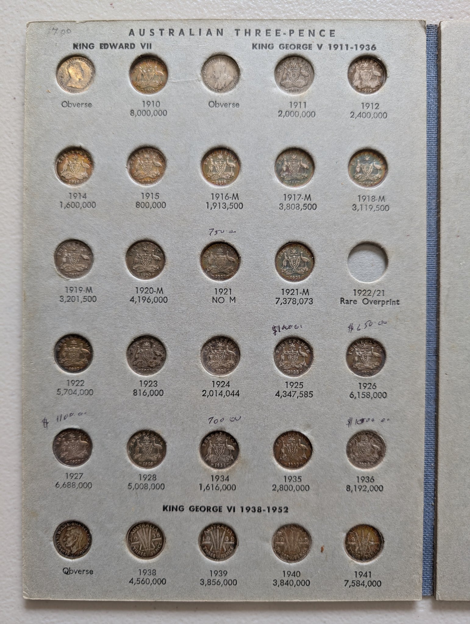 Australia 1910-64 Complete Set 3d Threepence Silver Coins