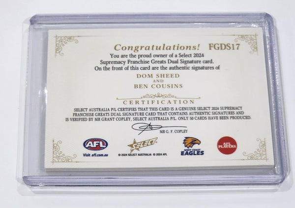 2024 AFL Select Supremacy Franchise Greats Dom Sheed Ben Cousins West Coast Signatures 12/50 FGDS17