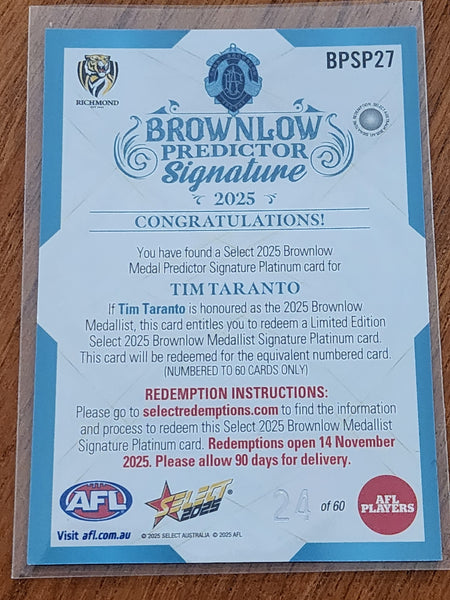 2025 AFL Select Hobby Brownlow Medal Predictor Signature Platinum card Tim Taranto Richmond 24/60 BPSP27