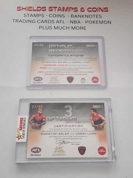 2021 AFL Select Optimum Dual Signature Redemption and card Garry Lyon Christian Salem 27/50