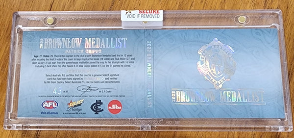 2022 AFL Select Prestige Brownlow Predictor Wild Card And Signed  Booklet Platinum Patrick Cripps Carlton 43/60
