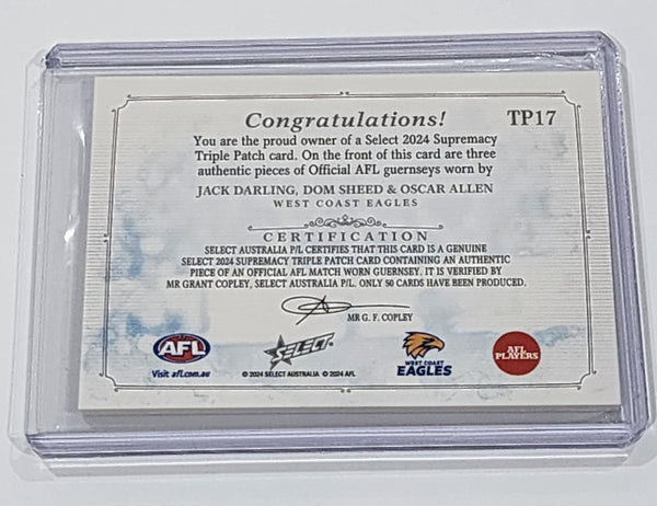 2024 AFL Select Supremacy Triple Patch Jack Darling Dom Sheed Oscar Allen West Coast 36/50
