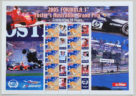 Australia 2005 50c Ten years Foster's Australian Grand Prix Formula 1 Melbourne.  SES Stamp Sheet. Limited edition