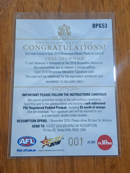 2018 AFL Select Gold Brownlow Predictor Joel Selwood Geelong LOW 001/250 BPG53