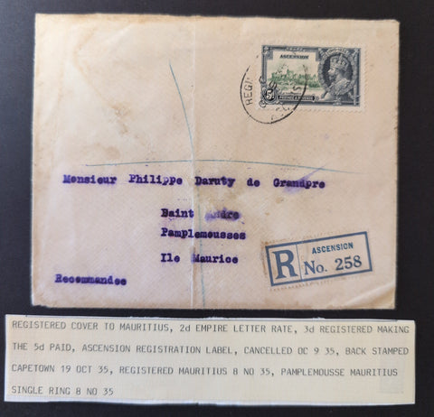 Mauritius 1935 Silver Jubilee Intercolonial Mail Registered Cover 2d Empire Letter Rate Back Stamped Capetown Rare