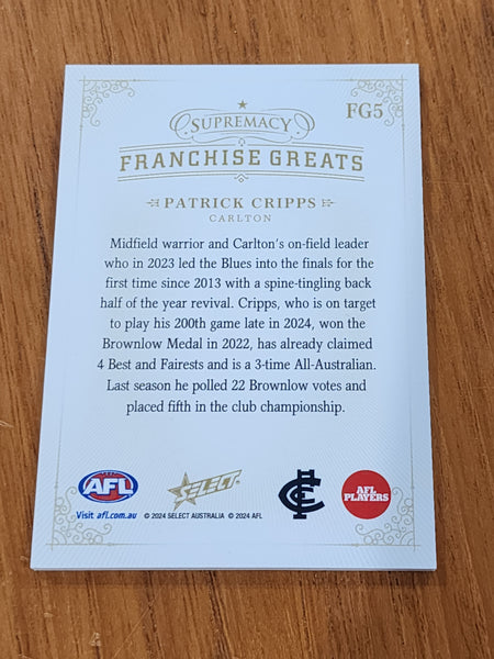 2024 AFL Select Supremacy Franchise Greats Patrick Cripps Carlton 64/70 FG5