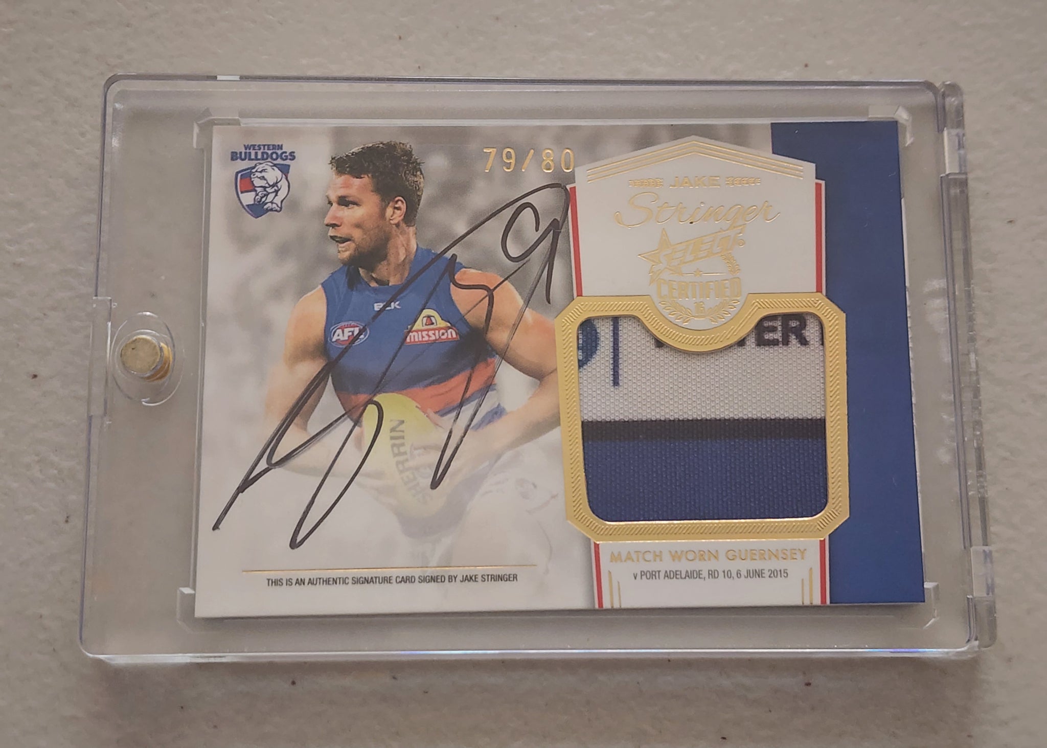 2016 AFL Select Certified Jake Stringer Redemption Match Worn Guersey Signature Card Bulldogs 79/80