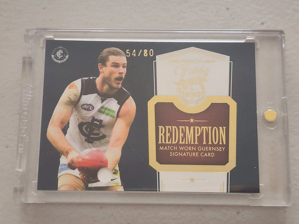 2017 AFL Select Certified Bryce Gibbs Redemption Match Worn Guernsey Signature Card Carlton 54/80