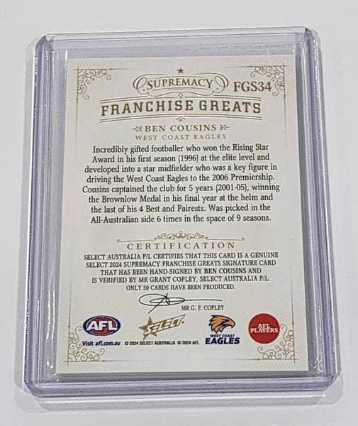 2024 AFL Select Supremacy Ben Cousins West Coast Franchise Greats Signature Card 49/50 FGS34