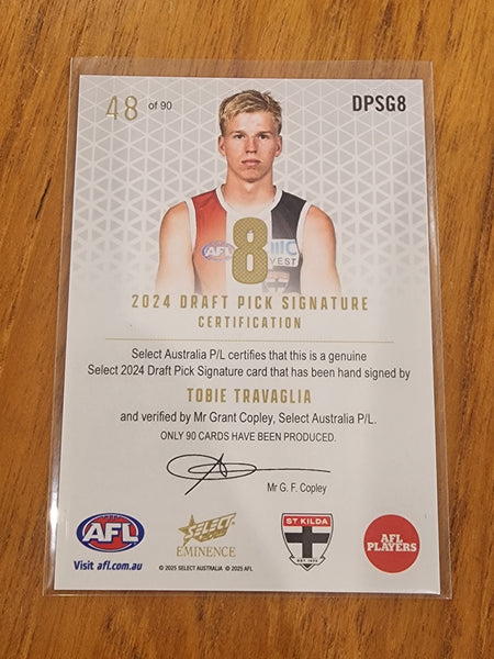 2025 AFL Select Eminence 2024 Draft Pick Signature Tobie Travaglia St Kilda DPSG8 48/90