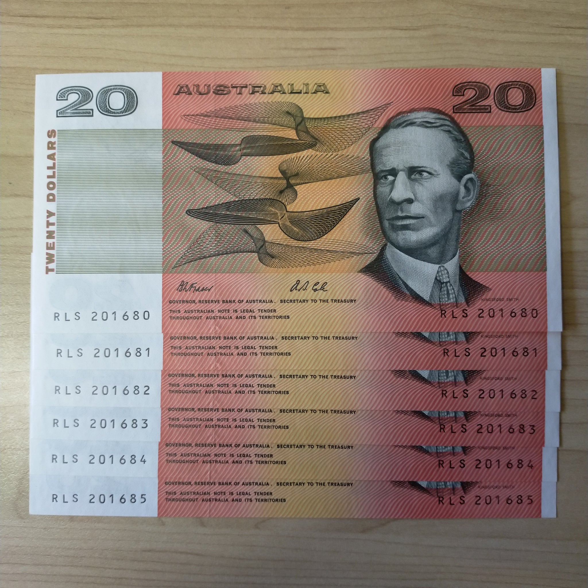 R413 Australian $20 Fraser Cole Run Of 6 Uncirculated Banknotes