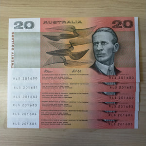 R413 Australian $20 Fraser Cole Run Of 6 Uncirculated Banknotes