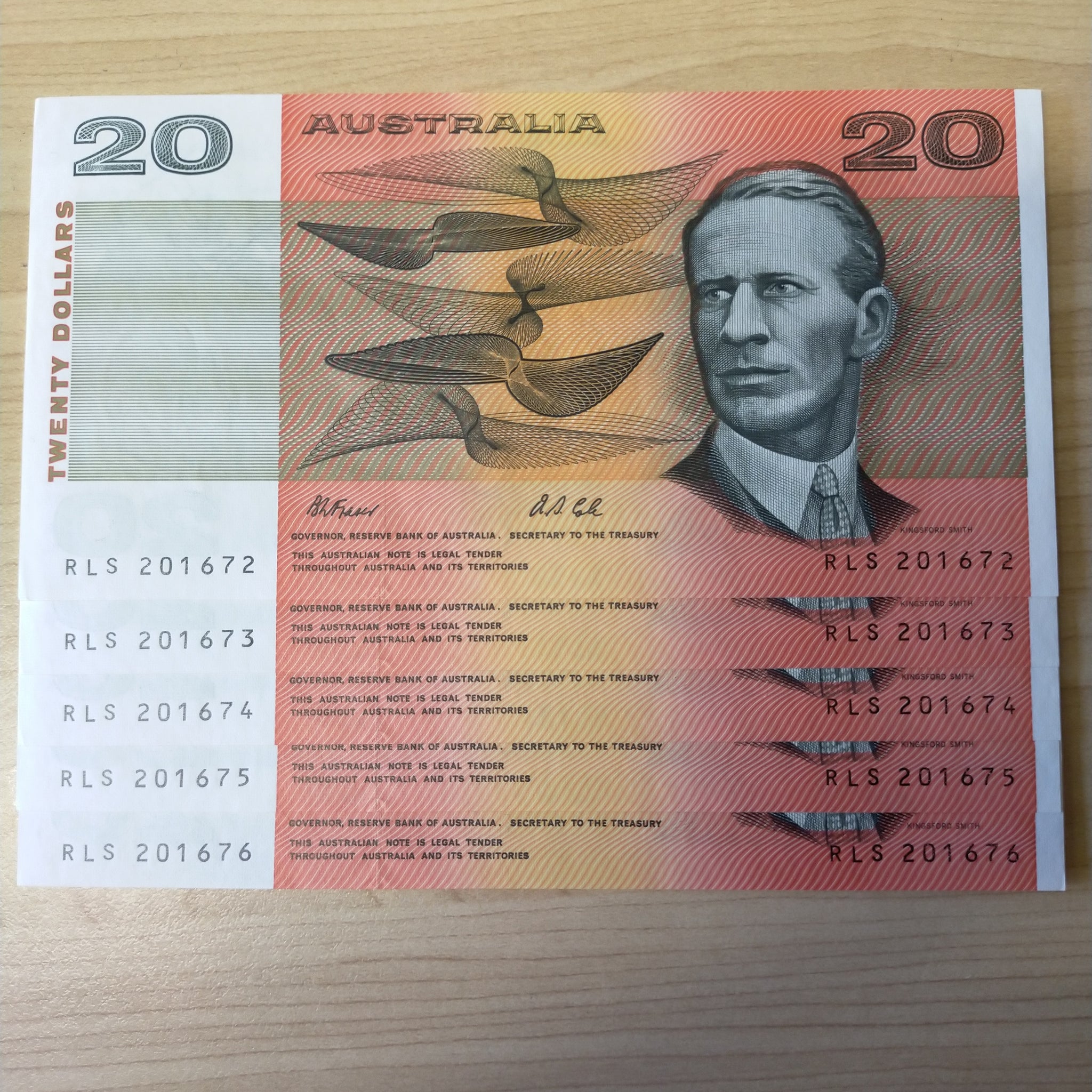 R413 Australian $20 Fraser Cole Run Of 5 Uncirculated Banknotes