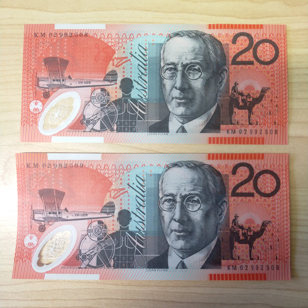 R420aL Australia $20 Last Prefix Macfarlane Henry Pair of Uncirculated Banknotes