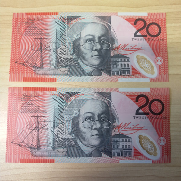 R420aL Australia $20 Last Prefix Macfarlane Henry Pair of Uncirculated Banknotes
