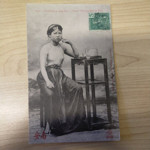 French Indo-China Vietnam 1906 Postcard Young Girl Drinking Tea Saigon Postmark - To France