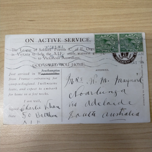 WWI Australian On Active Service League of Soliders Friends Postcard AIF