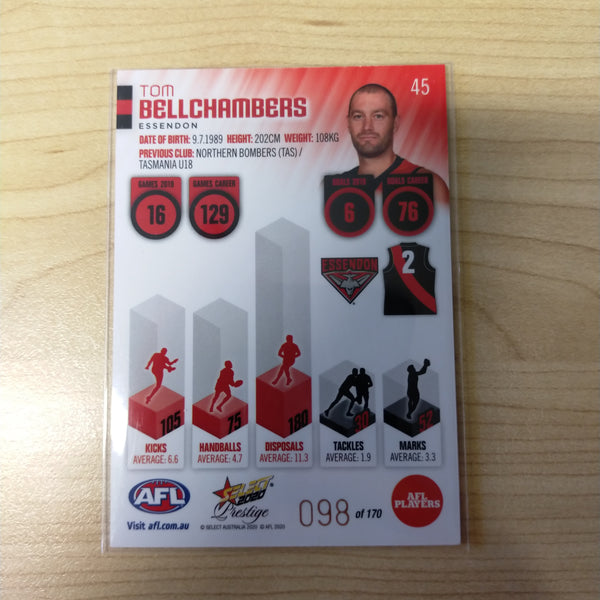 2020 Select Prestige Red Parallel Tom Bellchambers Essendon No.098/170