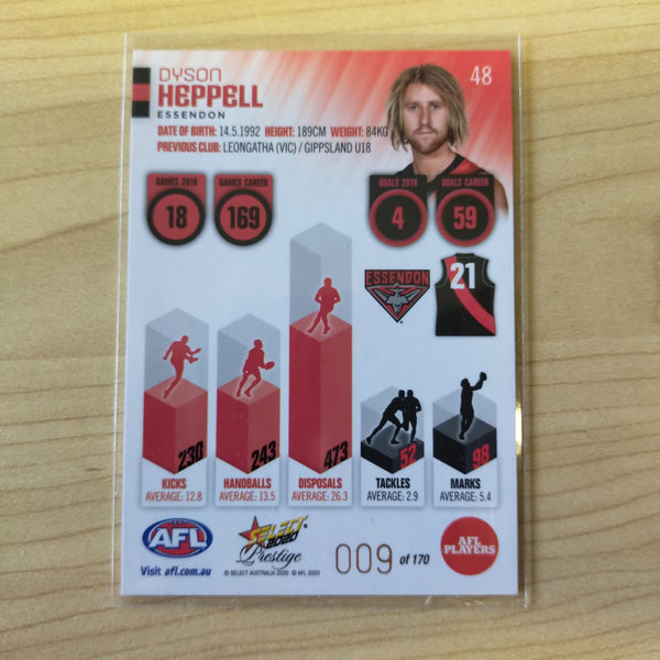 2020 Select Prestige Red Parallel Dyson Heppell Essendon LOW NUMBER No. 009/170