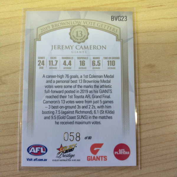 2020 Select Prestige Brownlow Vote Getters Jeremy Cameron GWS No. 058/80