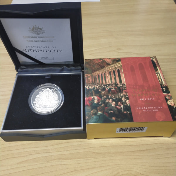 2019 Royal Australian Mint $5 Treaty Of Versailles 1oz .999 Silver Proof Coin