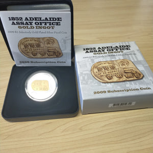 Australia 2009 Royal Australian Mint $1 Subscription Coin 1852 Adelaide Assay Office Gold Ingot 1oz .999 Silver Proof Gold Plated Coin