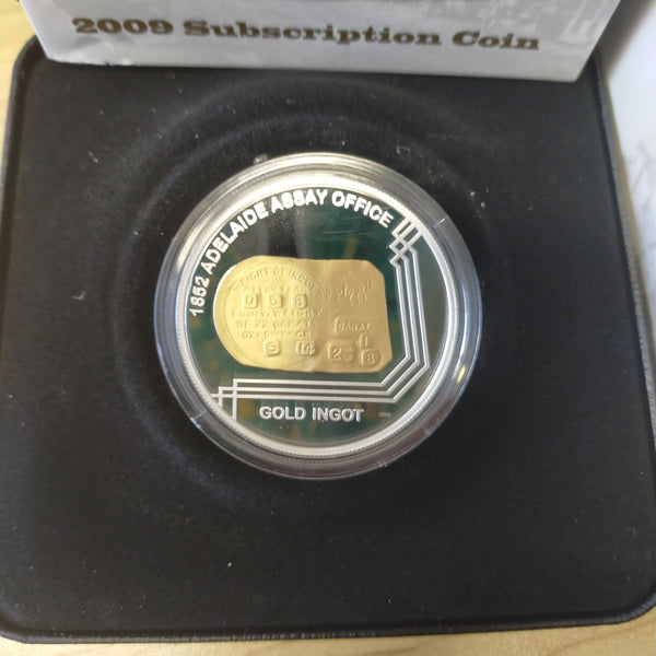 Australia 2009 Royal Australian Mint $1 Subscription Coin 1852 Adelaide Assay Office Gold Ingot 1oz .999 Silver Proof Gold Plated Coin