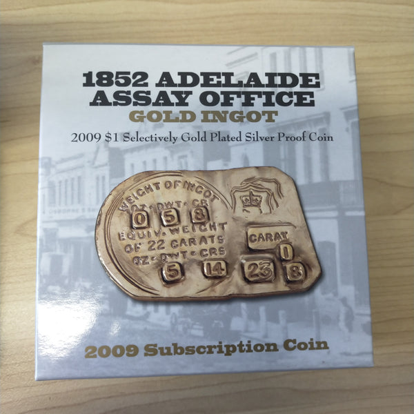 Australia 2009 Royal Australian Mint $1 Subscription Coin 1852 Adelaide Assay Office Gold Ingot 1oz .999 Silver Proof Gold Plated Coin