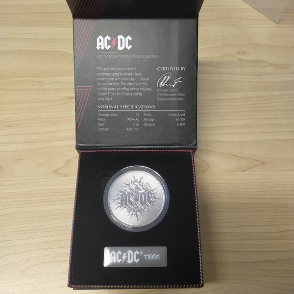 Australia 2021 Royal Australian Mint $1 AC/DC ACDC Rock Band 1oz .999 Frosted Silver Uncirculated Coin