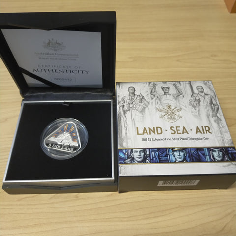 2018 Royal Australian Mint $5 Land Sea Air .999 Silver Proof Triangular Coloured Coin