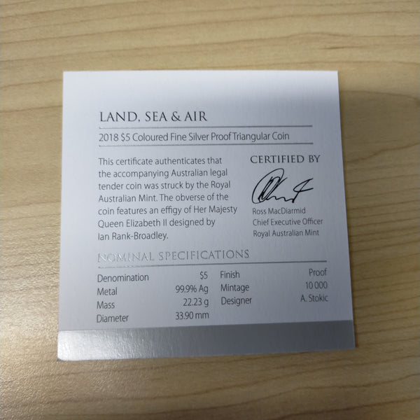 Australia 2018 Royal Australian Mint $5 Land Sea Air .999 Silver Proof Triangular Coloured Coin