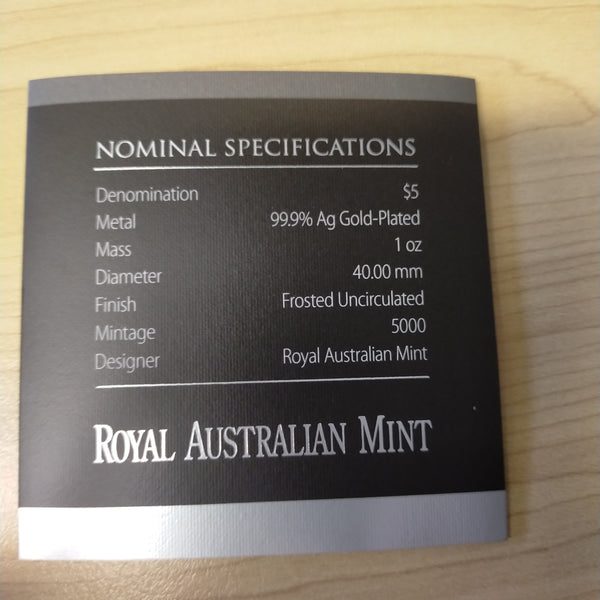 Australia 2015 Royal Australian Mint $5 Australian Bravery 1oz .999 Silver Gold Plated Frosted Coin