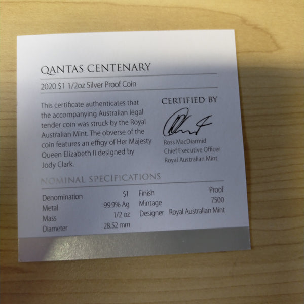 Australia 2020 Royal Australian Mint $1 Qantas Centenary 1/2 oz .999 Silver Proof Coin