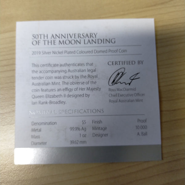Australia 2019 Royal Australian Mint $5 50th Anniversary of the Moon Landing 1oz .999 Silver Proof Domed Coloured Coin