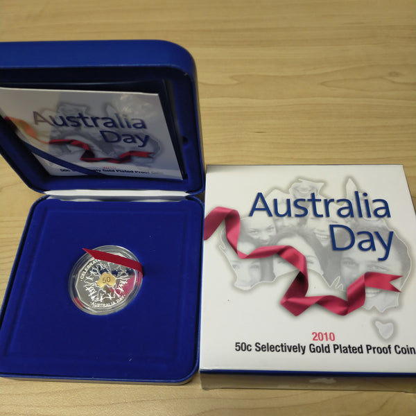 Australia 2010 Royal Australian Mint 50c Australia Day .999 Silver Proof Gold Plated Coin